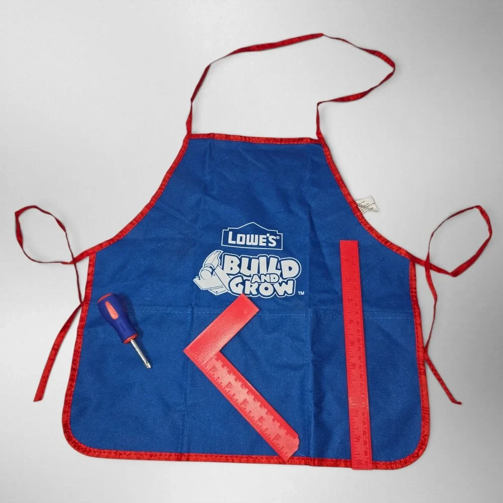 Lowe's Build and Grow Apron Kids One Size Blue Red Good Workshop DIY Tool Belt